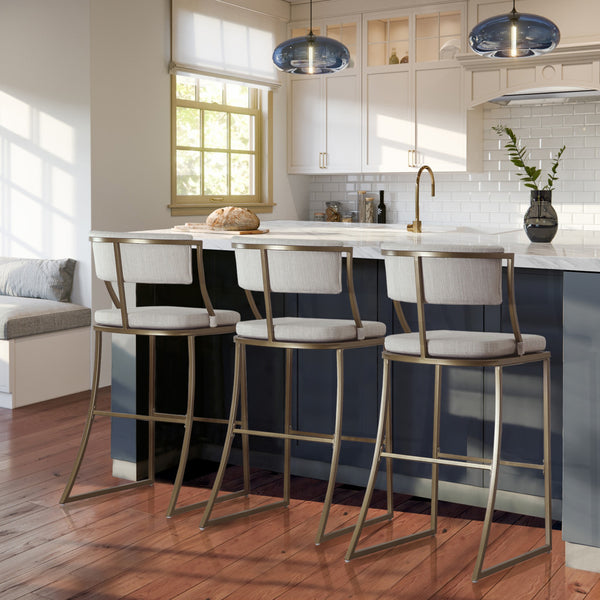 Homeroots 30" Beige And Antiqued Brass Steel Low Back Bar Height Bar Chair   534318