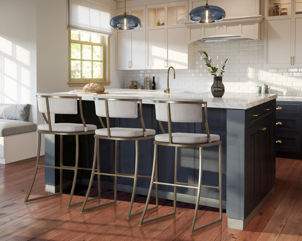 Homeroots 30" Beige And Antiqued Brass Steel Low Back Bar Height Bar Chair   534318