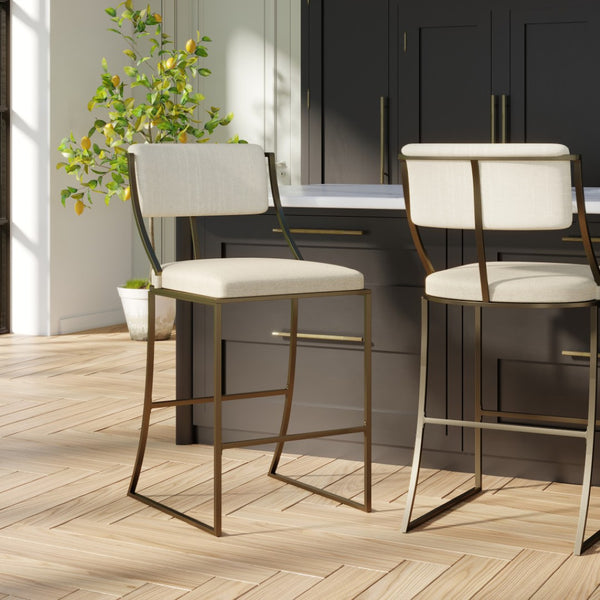 HomeRoots 30" Beige Low Back Bar Chair with Antiqued Brass Frame - Vintage Charm for Modern Spaces 534318