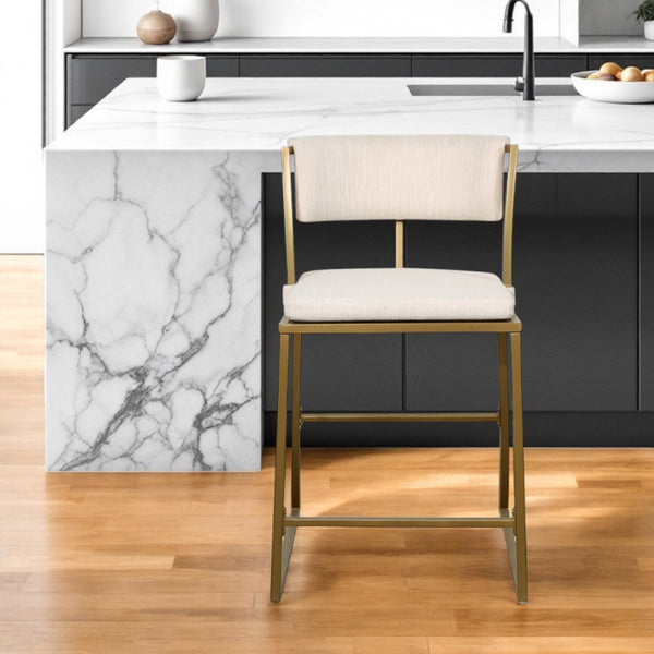Homeroots 25" Beige And Antiqued Brass Steel Low Back Counter Height Bar Chair   534319