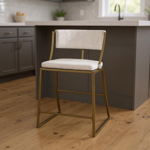 HomeRoots 25" Beige Upholstered Low Back Bar Chair with Antiqued Brass Steel Frame for Modern Home Decor 534319