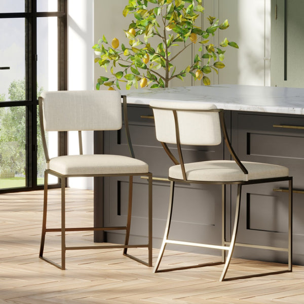 HomeRoots 25" Beige Upholstered Low Back Bar Chair with Antiqued Brass Steel Frame for Modern Home Decor 534319