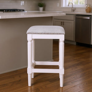 HomeRoots 27" Gray Upholstered Backless Bar Stool with Antiqued White Solid Wood Base for Modern Spaces 534321