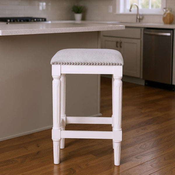 HomeRoots 27" Gray Upholstered Backless Bar Stool with Antiqued White Solid Wood Base for Modern Spaces 534321