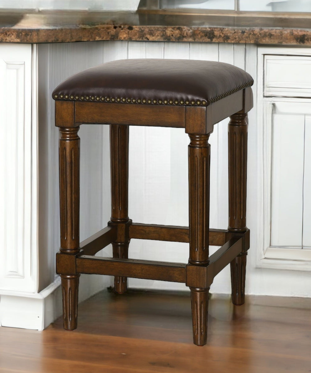 Homeroots 27" Brown And Dark Brown Solid Wood Backless Counter Height Bar Chair   534323