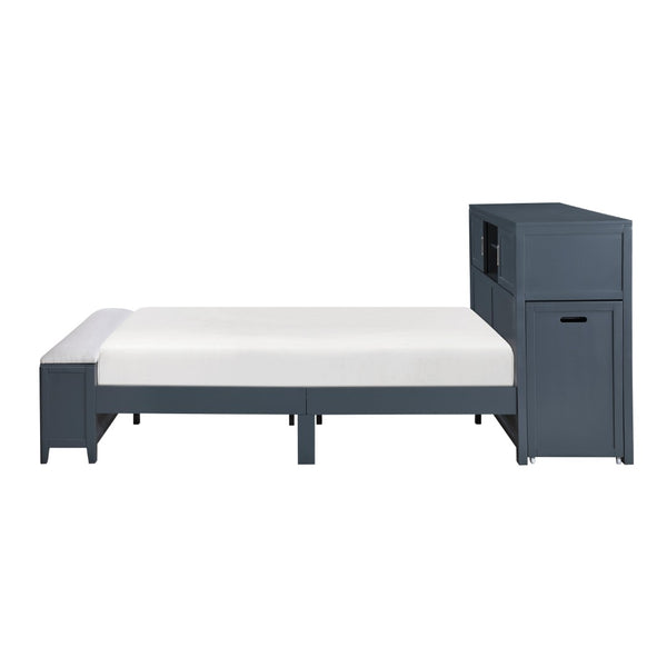 English Elm Gray Full Platform Bed with Bookcase Headboard Fold Out Desk Drawers and Footboard Bench Navy Blue B011S02313