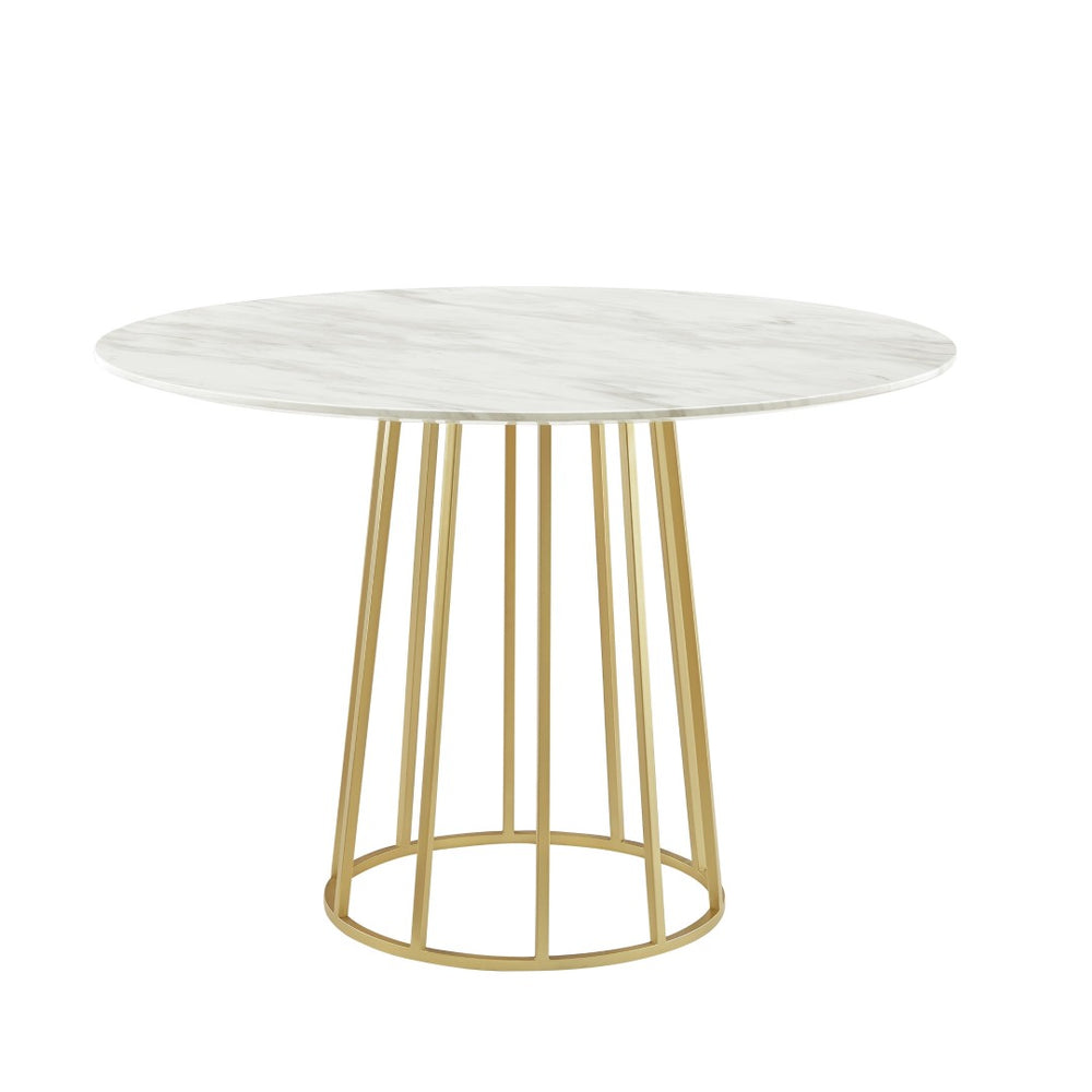HomeRoots 42" White Marble Pedestal Dining Table with Gold Base - Modern Round Design for Stylish Spaces 534367