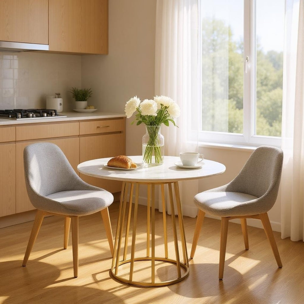 HomeRoots 42" White Marble Pedestal Dining Table with Gold Base - Modern Round Design for Stylish Spaces 534367