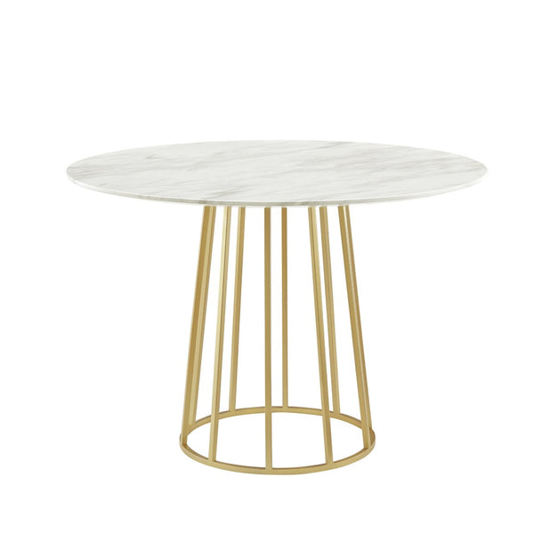 HomeRoots 42" White Marble Pedestal Dining Table with Gold Base - Modern Round Design for Stylish Spaces 534367