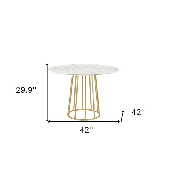 HomeRoots 42" White Marble Pedestal Dining Table with Gold Base - Modern Round Design for Stylish Spaces 534367