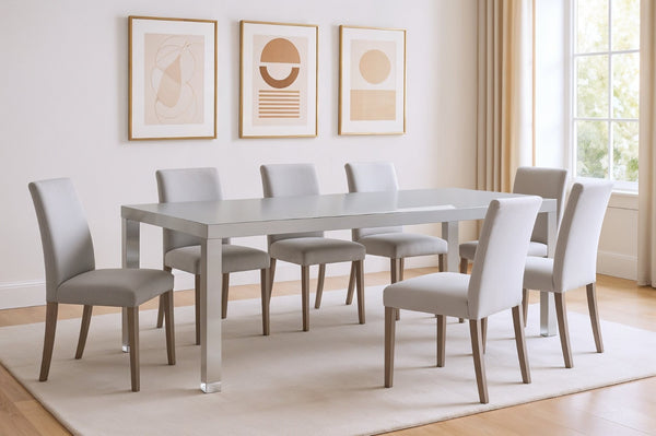 HomeRoots 95" Elegant Wood and Stainless Steel Dining Table - Modern Centerpiece for Entertaining & Dining Light Grey/Chrome 534369
