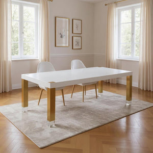 HomeRoots 95" Elegant Wood and Stainless Steel Dining Table - Modern Centerpiece for Entertaining & Dining White/Gold 534370