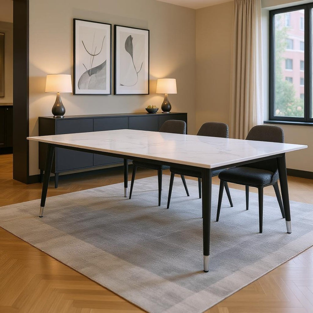 HomeRoots 91" White and Black Marble Dining Table - Elegant Rectangular Centerpiece for Modern Interiors 534371