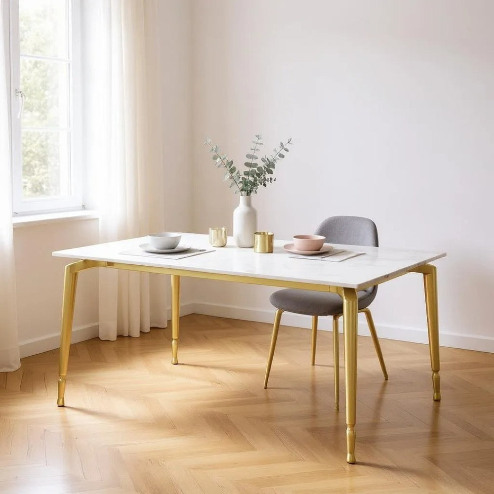 HomeRoots 90" White Marble & Gold Metal Dining Table - Modern Elegance for 10, Perfect for Any Occasion 534372