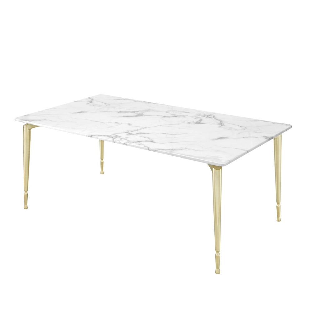 HomeRoots 71" White Marble and Gold Metal Dining Table - Luxurious Seating for 10, Modern Elegance & Versatility 534373