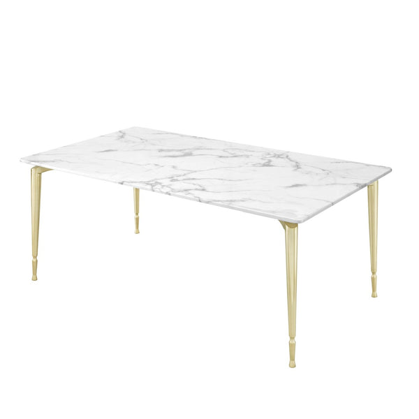 HomeRoots 71" White Marble and Gold Metal Dining Table - Luxurious Seating for 10, Modern Elegance & Versatility 534373