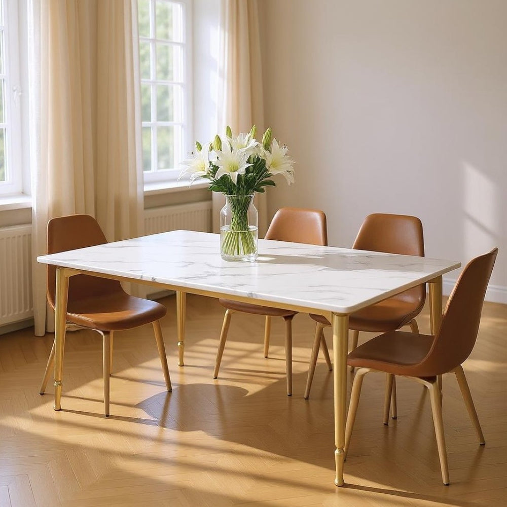 HomeRoots 71" White Marble and Gold Metal Dining Table - Luxurious Seating for 10, Modern Elegance & Versatility 534373