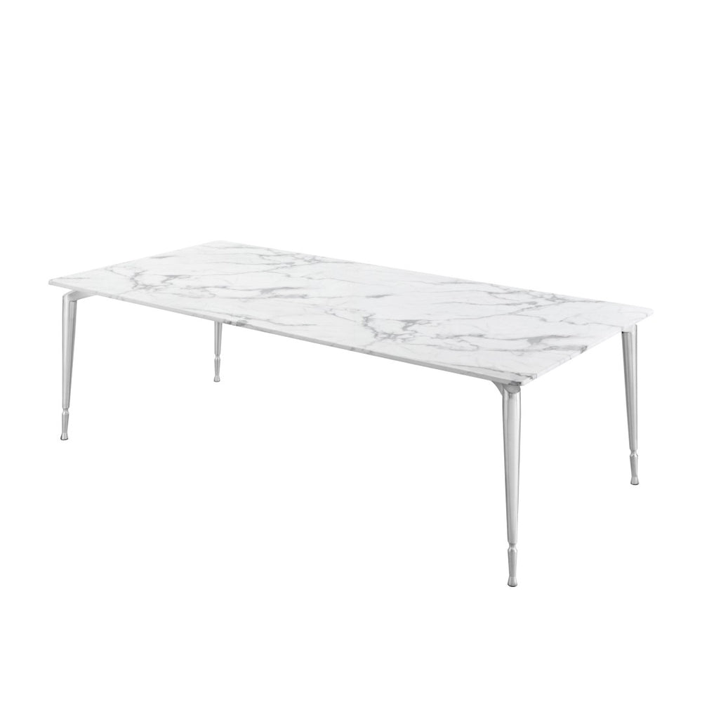 HomeRoots 90" Elegant White Marble Dining Table with Silver Metal Base - Seats 10, Perfect for Any Occasion 534374