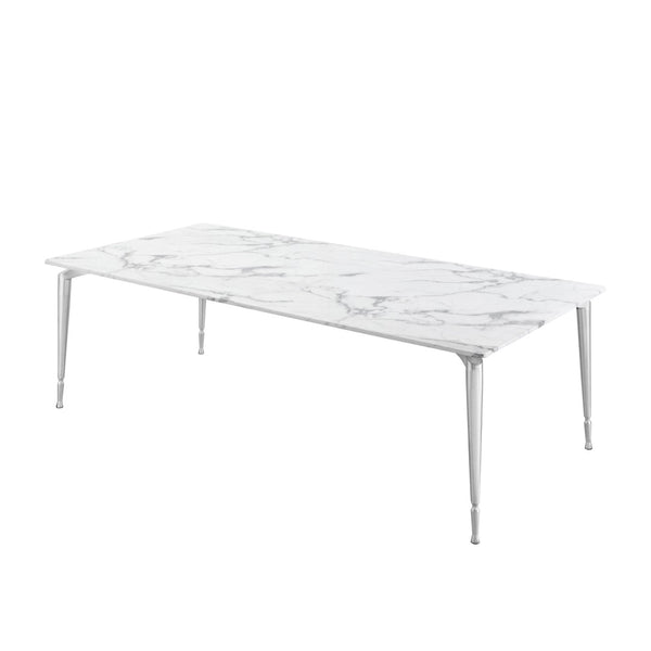 HomeRoots 90" Elegant White Marble Dining Table with Silver Metal Base - Seats 10, Perfect for Any Occasion 534374
