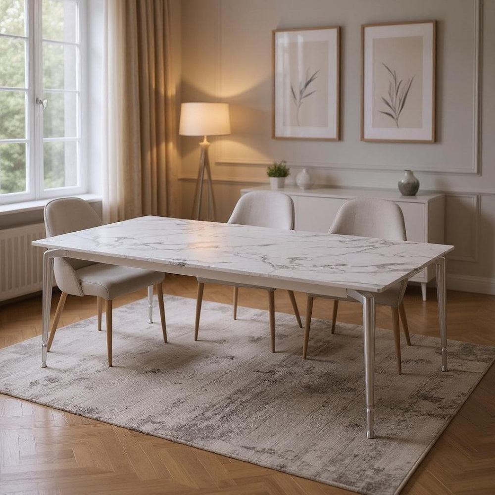 HomeRoots 90" Elegant White Marble Dining Table with Silver Metal Base - Seats 10, Perfect for Any Occasion 534374