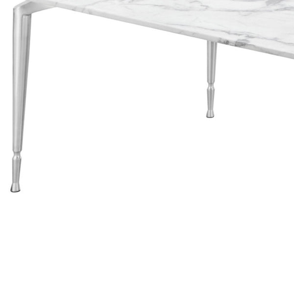 HomeRoots 90" Elegant White Marble Dining Table with Silver Metal Base - Seats 10, Perfect for Any Occasion 534374