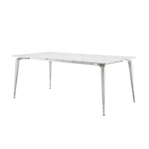 HomeRoots 90" Elegant White Marble Dining Table with Silver Metal Base - Seats 10, Perfect for Any Occasion 534374
