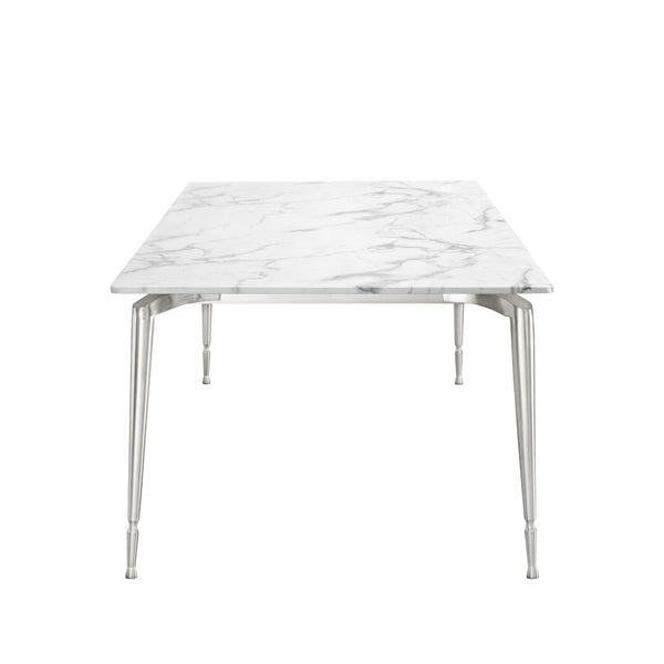 HomeRoots 90" Elegant White Marble Dining Table with Silver Metal Base - Seats 10, Perfect for Any Occasion 534374