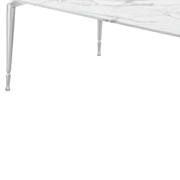 HomeRoots 90" Elegant White Marble Dining Table with Silver Metal Base - Seats 10, Perfect for Any Occasion 534374