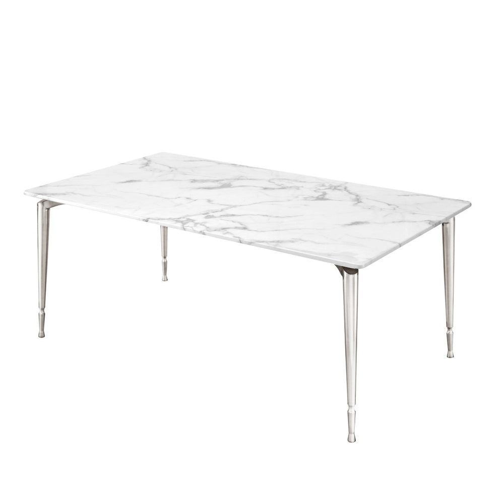 HomeRoots 71" Elegant White Marble Dining Table with Silver Metal Base – Seats 10, Modern Design for Any Space 534375