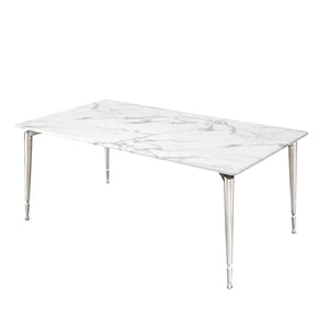 HomeRoots 71" Elegant White Marble Dining Table with Silver Metal Base – Seats 10, Modern Design for Any Space 534375