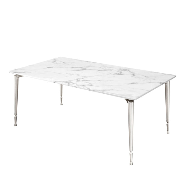 HomeRoots 71" Elegant White Marble Dining Table with Silver Metal Base – Seats 10, Modern Design for Any Space 534375