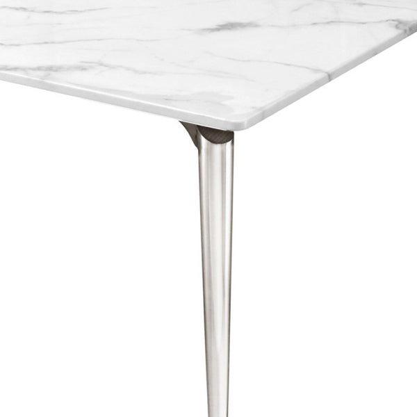 HomeRoots 71" Elegant White Marble Dining Table with Silver Metal Base – Seats 10, Modern Design for Any Space 534375