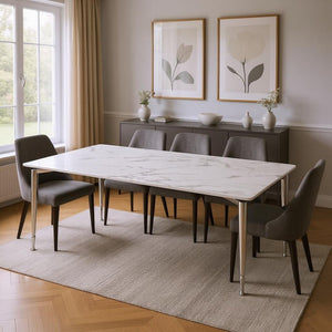 HomeRoots 71" Elegant White Marble Dining Table with Silver Metal Base – Seats 10, Modern Design for Any Space 534375