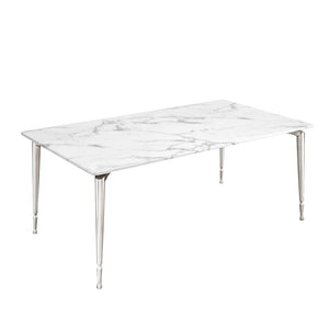 HomeRoots 71" Elegant White Marble Dining Table with Silver Metal Base – Seats 10, Modern Design for Any Space 534375
