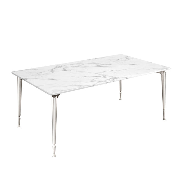 HomeRoots 71" Elegant White Marble Dining Table with Silver Metal Base – Seats 10, Modern Design for Any Space 534375