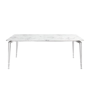 HomeRoots 71" Elegant White Marble Dining Table with Silver Metal Base – Seats 10, Modern Design for Any Space 534375