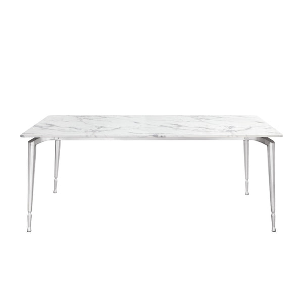 HomeRoots 71" Elegant White Marble Dining Table with Silver Metal Base – Seats 10, Modern Design for Any Space 534375