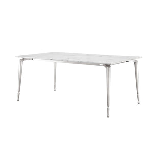 HomeRoots 71" Elegant White Marble Dining Table with Silver Metal Base – Seats 10, Modern Design for Any Space 534375