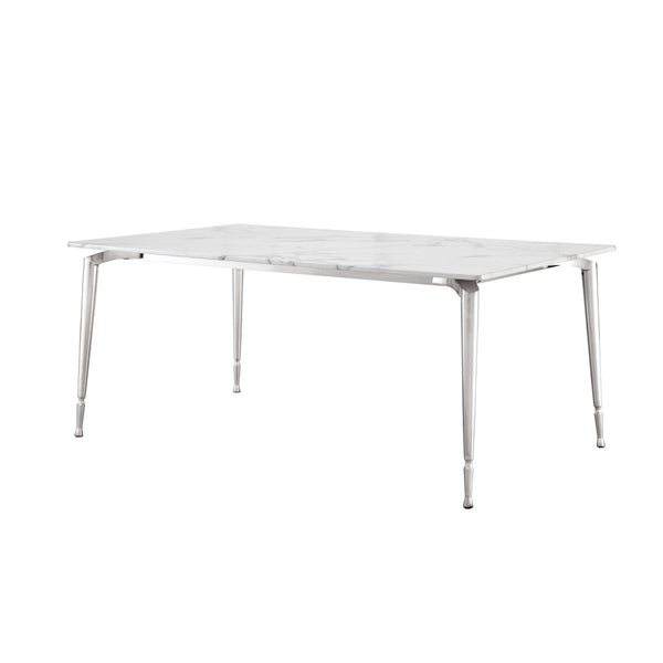 HomeRoots 71" Elegant White Marble Dining Table with Silver Metal Base – Seats 10, Modern Design for Any Space 534375