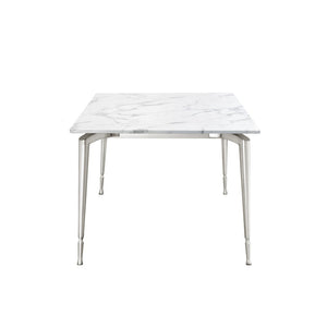 HomeRoots 71" Elegant White Marble Dining Table with Silver Metal Base – Seats 10, Modern Design for Any Space 534375