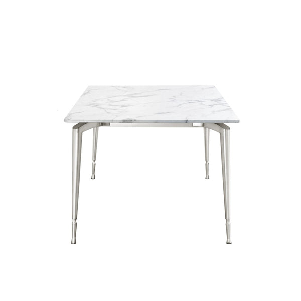 HomeRoots 71" Elegant White Marble Dining Table with Silver Metal Base – Seats 10, Modern Design for Any Space 534375