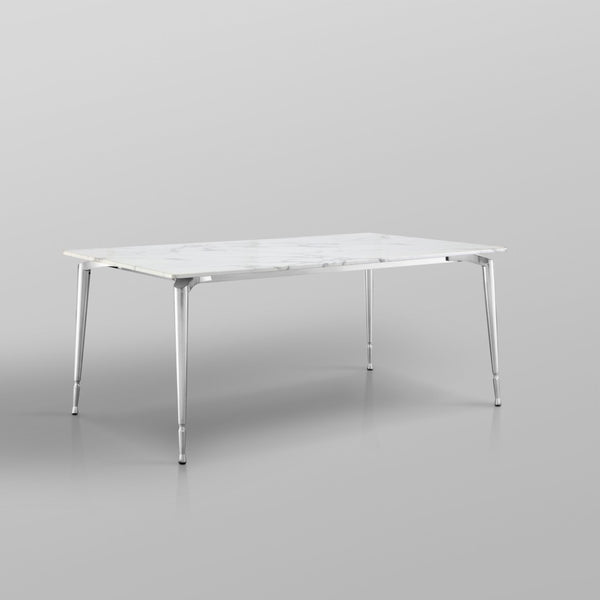 HomeRoots 71" Elegant White Marble Dining Table with Silver Metal Base – Seats 10, Modern Design for Any Space 534375