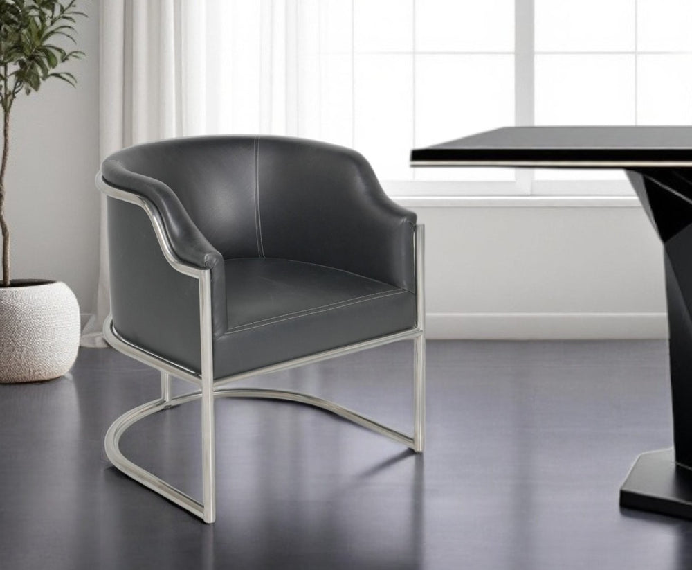 HomeRoots Charcoal Curved Back Dining Arm Chair in Silver with Genuine Leather for Modern Elegance & Comfort 534390
