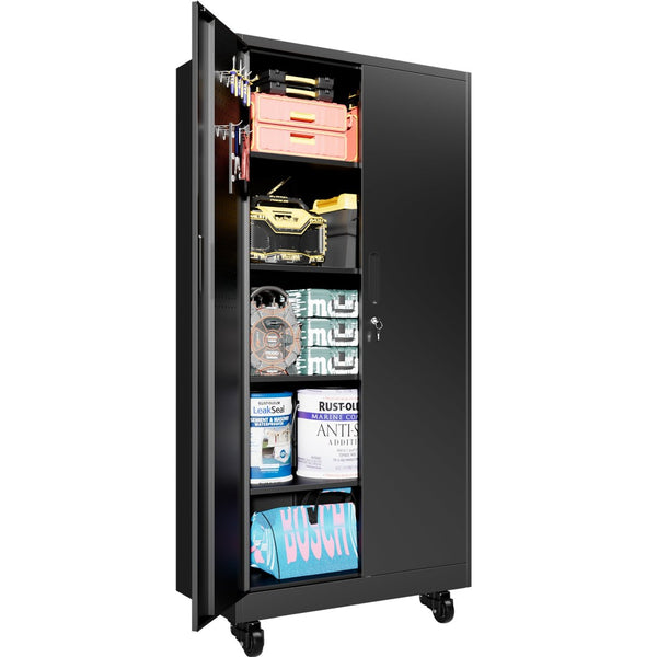 English Elm Heavy Steel Garage Cabinet with Pegboard Doors Locking Wheels and Adjustable Shelving T2398P465997