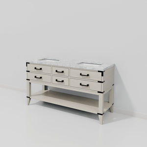 English Elm White Oak Double Bath Vanity 60" W With Elegant Carrara Marble Top & Ample Storage Solutions B2731P260277-GIGA