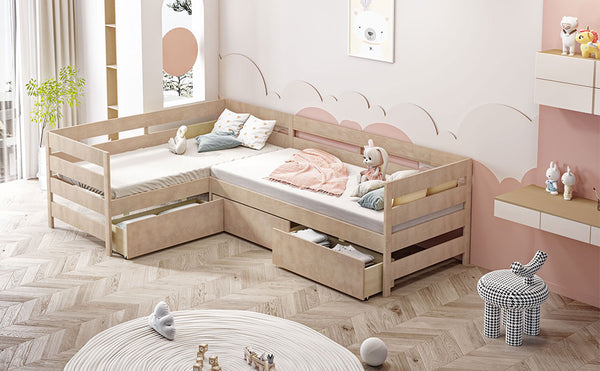 English Elm Twin L-Shaped Platform Bed with Three Spacious Drawers, Solid Pine & MDF, Clean-Lined Design Natural N7090000468N