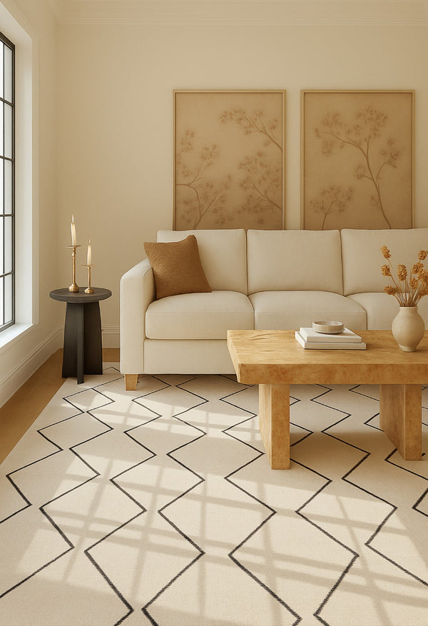 HomeRoots 5' Beige and Black Geometric Area Rug - Distressed Power Loom Design with Non-Skid Backing 8' X 11' 534405