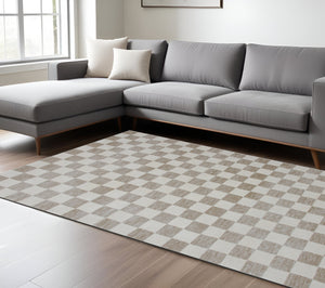 Homeroots 7' X 10' Beige And Brown Checkered Power Loom Area Rug  Polyester 534413