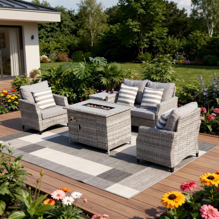 HomeRoots Five Piece Outdoor Gray Rattan Conversation Set with Gas Fire Pit Centerpiece 534415