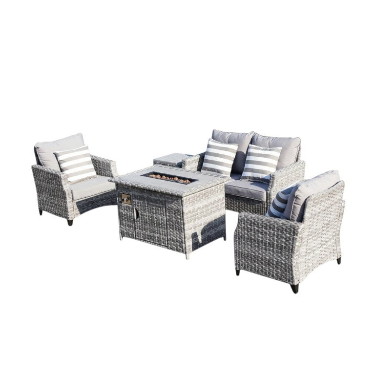 HomeRoots Five Piece Outdoor Gray Rattan Conversation Set with Gas Fire Pit Centerpiece 534415